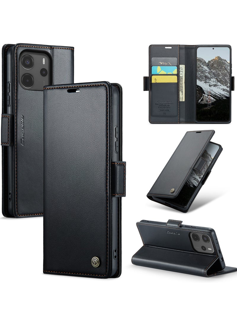 CaseMe Phone Case Luxury PU Leather Design Anti Fingerprint 023 Flip Cover Card Slot Holder Cover For Redmi Note 14 4G (Black ) - Image 1