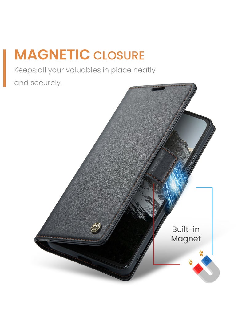 CaseMe Phone Case Luxury PU Leather Design Anti Fingerprint 023 Flip Cover Card Slot Holder Cover For Redmi Note 14 4G (Black ) - Image 3