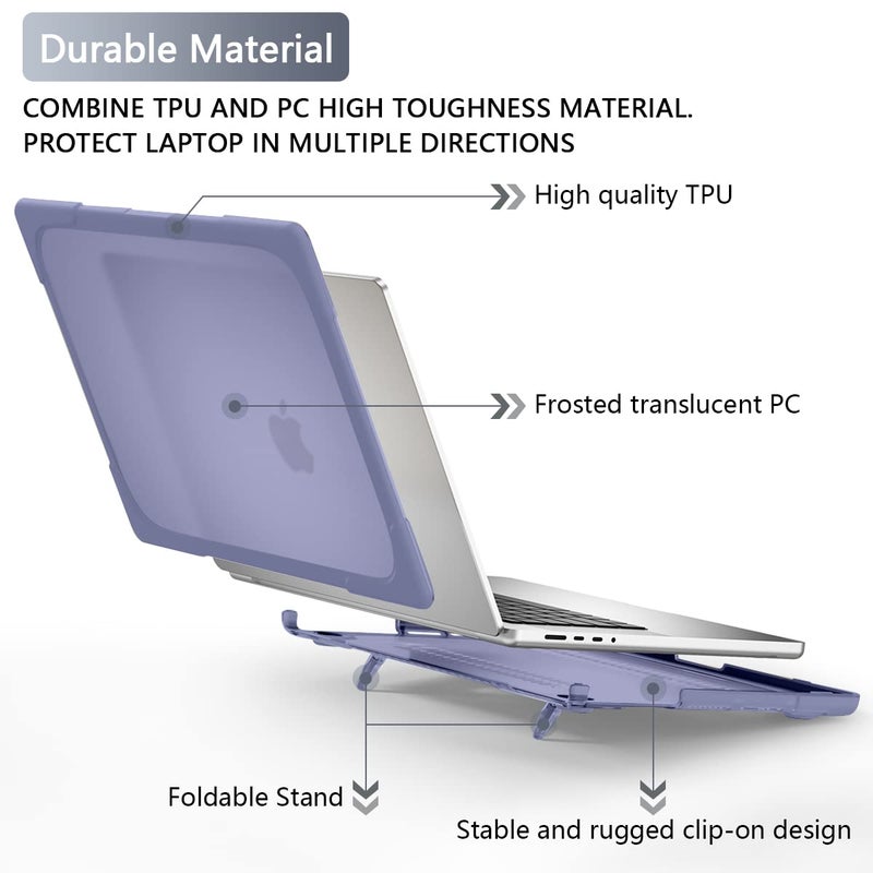 Batianda Heavy Duty Case for New MacBook Pro 16 inch 2024 M4 2023 M3 2021 M2 Pro Max- Ergonomic Foldable Kickstand (Holds 22lbs/Zero Wobble) Matte Rugged Armor Cover with Spare Parts, Lavender Grey - Image 2