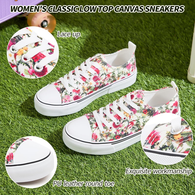 Adokoo Canvas Tennis Shoes for Women Low Top Casual White Flower Sneakers for Women Lace Up Fashion Comfortable Walking Shoes (Flower,9.5) - Image 5