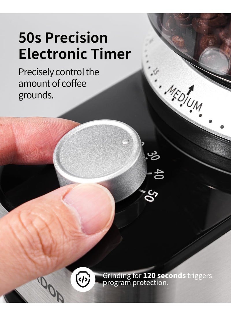 DIYANOO Electric Burr Coffee Grinder, 40 Grind Settings & 50s Timer, Flat Burr Mill for Espresso to French Press, One-Touch Operation, Low Noise & Minimal Static - Image 5