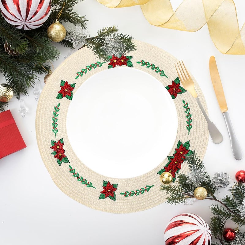 Whaline وايلين 4 قطع من حصائر الزهور المستديرة لعيد الميلاد مطرزة بزهرة البوينسيتيا حصائر طاولة عشاء زخرفية لتزيين حفلات العطلات - Image 5