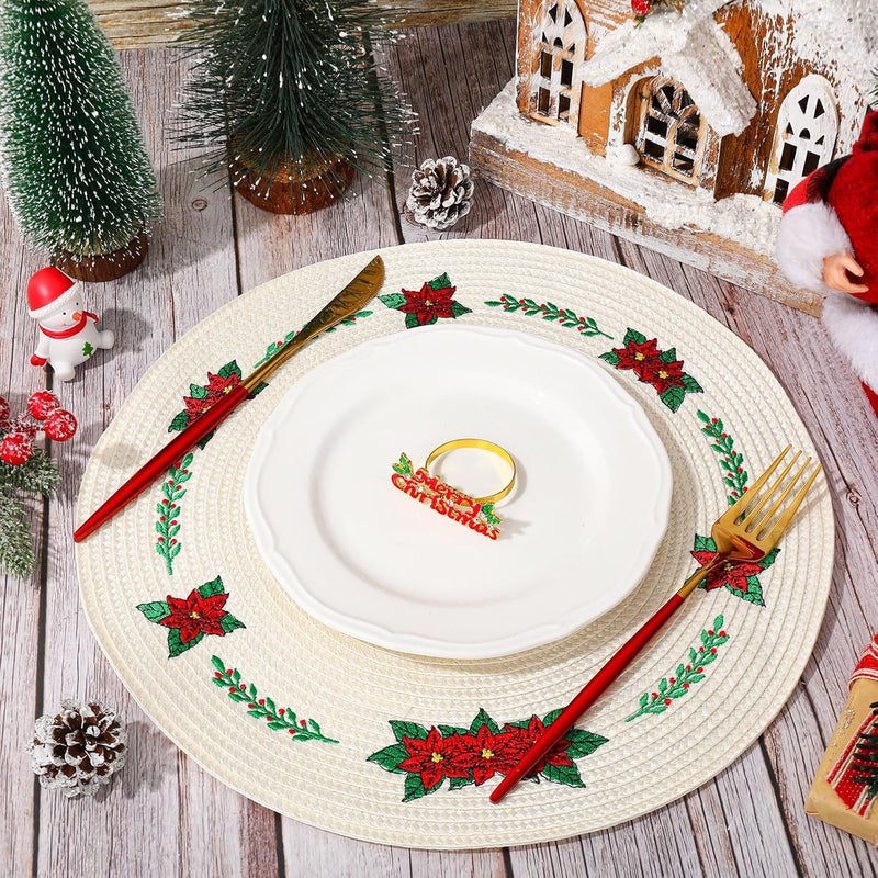 Whaline وايلين 4 قطع من حصائر الزهور المستديرة لعيد الميلاد مطرزة بزهرة البوينسيتيا حصائر طاولة عشاء زخرفية لتزيين حفلات العطلات - Image 3