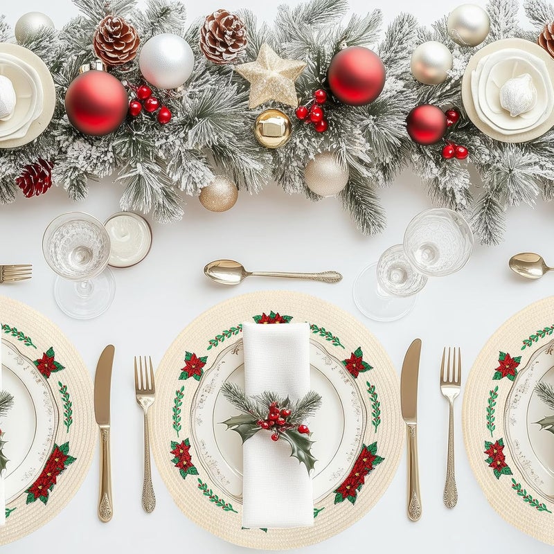 Whaline وايلين 4 قطع من حصائر الزهور المستديرة لعيد الميلاد مطرزة بزهرة البوينسيتيا حصائر طاولة عشاء زخرفية لتزيين حفلات العطلات - Image 4