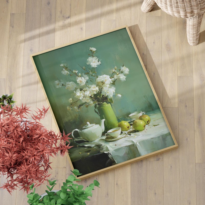 TNESSENTIAL White Flowers with Teapot Still Life Poster or Canvas Print, Cups and Apples Green Canvas Poster, Vintage Elegant Naturalistic Home Wall Art - Image 1