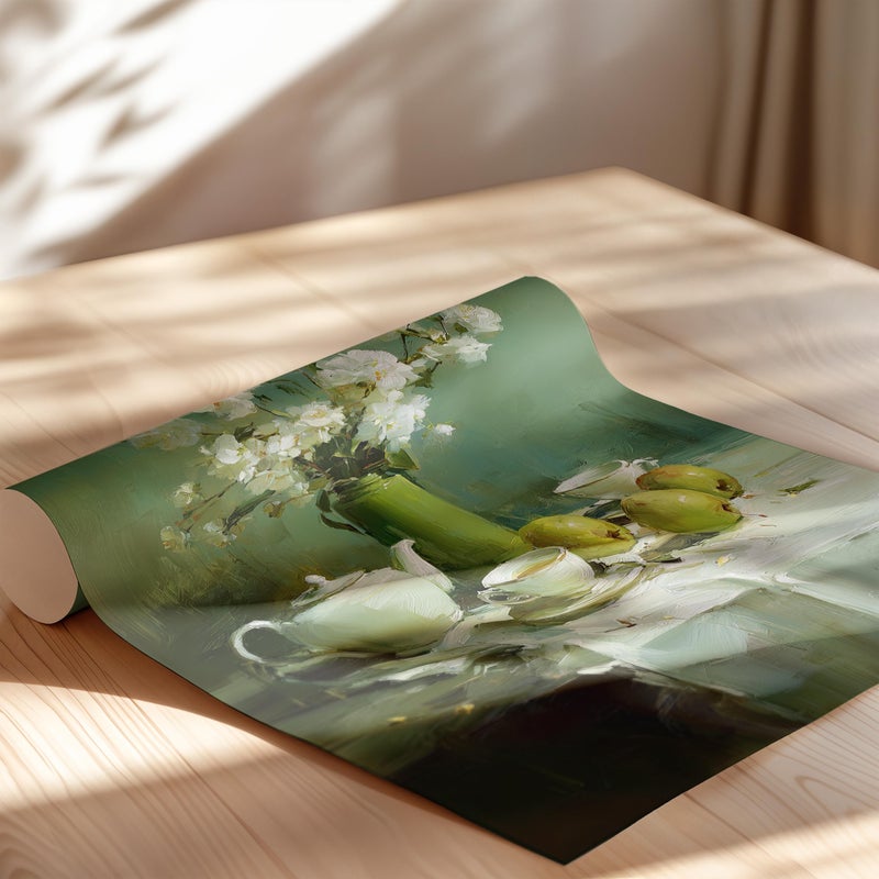 TNESSENTIAL White Flowers with Teapot Still Life Poster or Canvas Print, Cups and Apples Green Canvas Poster, Vintage Elegant Naturalistic Home Wall Art - Image 2