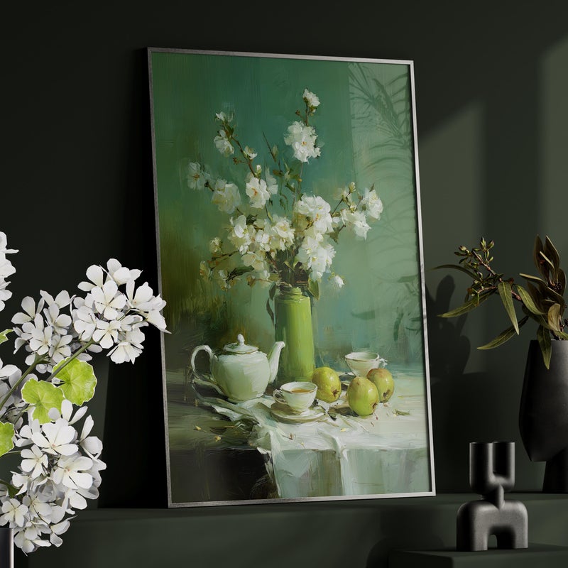 TNESSENTIAL White Flowers with Teapot Still Life Poster or Canvas Print, Cups and Apples Green Canvas Poster, Vintage Elegant Naturalistic Home Wall Art - Image 3