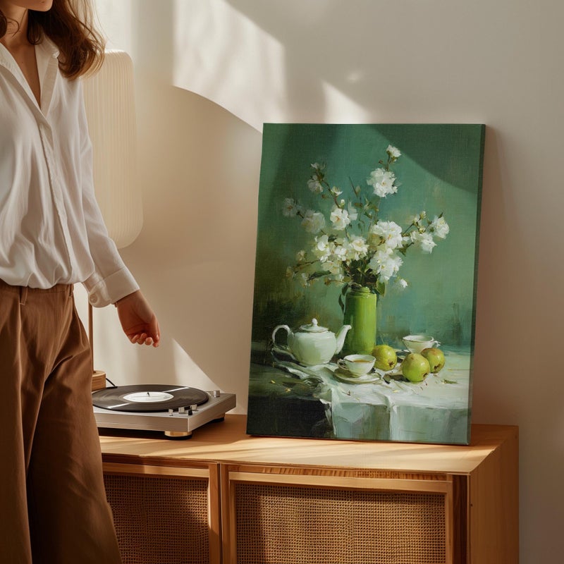 TNESSENTIAL White Flowers with Teapot Still Life Poster or Canvas Print, Cups and Apples Green Canvas Poster, Vintage Elegant Naturalistic Home Wall Art - Image 4