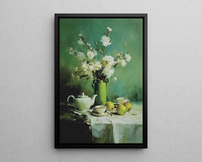 TNESSENTIAL White Flowers with Teapot Still Life Poster or Canvas Print, Cups and Apples Green Canvas Poster, Vintage Elegant Naturalistic Home Wall Art - Image 5