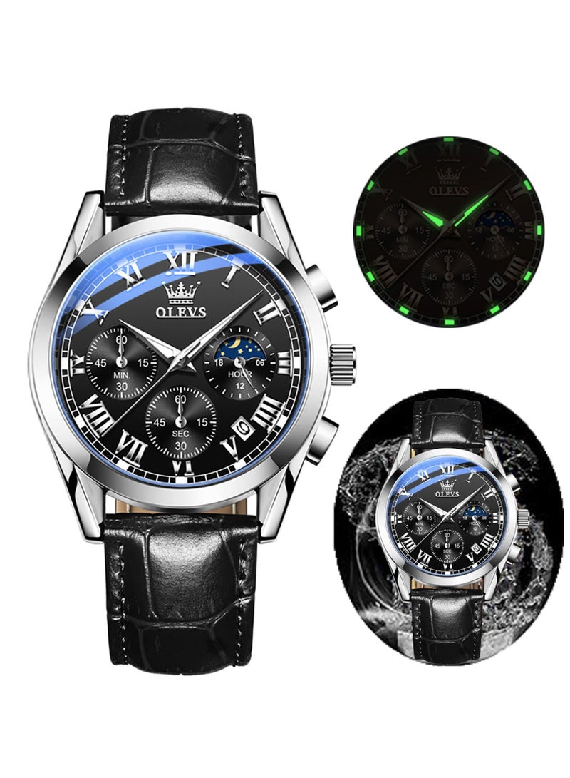 أوليفز ساعات كوارتز كرونوغراف للرجال من OLEVS، هيكل ذهبي بسوار جلدي مع تاريخ نهاري، ساعة يد من الفولاذ المقاوم للصدأ مقاومة للماء، ساعات مضيئة للرجال، الموضة والترفيه - Image 1