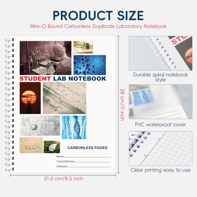 Yeplan Carbonless Lab Notebook - 8.5" x 11" Chemistry Notebook with 50 Sets of Pages, Science Grid Paper, Protective Translucent Cover & Wire-O Binding, for Students/Researchers - Image 3