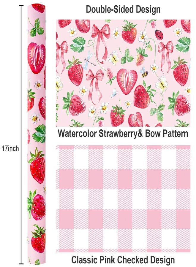 Yarcony Strawberry Wrapping Paper Roll, Cute Bow Gift Wrap, Strawberries, Floral, Butterfly & Plaid Design Pink Wrapping Paper for Girls Birthday, Baby Shower,Valentine's Day(Mini Roll, 17 InX 33 Ft) - Image 3