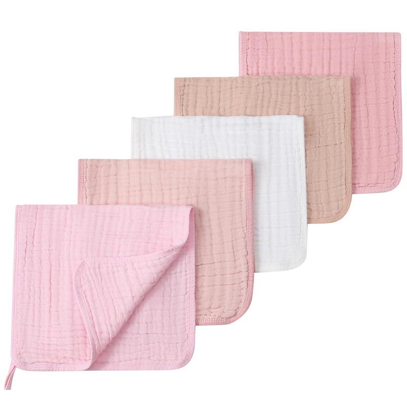 SnugOre Muslin Burp Cloths 5 Pack Large 20x12 inches Baby Burping Cloths 6Layer 100 Cotton for Newborn Boys Girls Ultra Soft Absorbent White Pink - Image 2