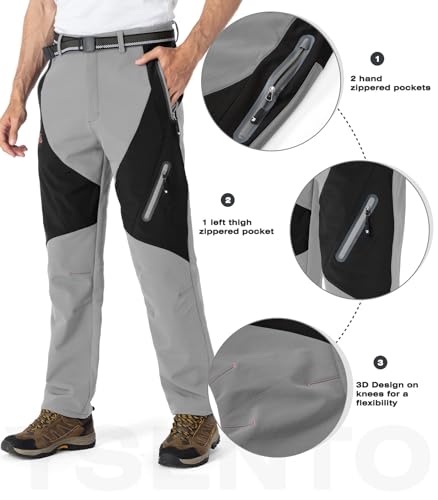 YSENTO Men's Fleece Lined Ski Snow Pants Winter Waterproof Softshell Insulated Hiking Cargo Pants Light Grey Size 34 - Image 4