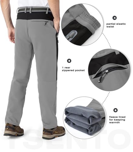 YSENTO Men's Fleece Lined Ski Snow Pants Winter Waterproof Softshell Insulated Hiking Cargo Pants Light Grey Size 34 - Image 5