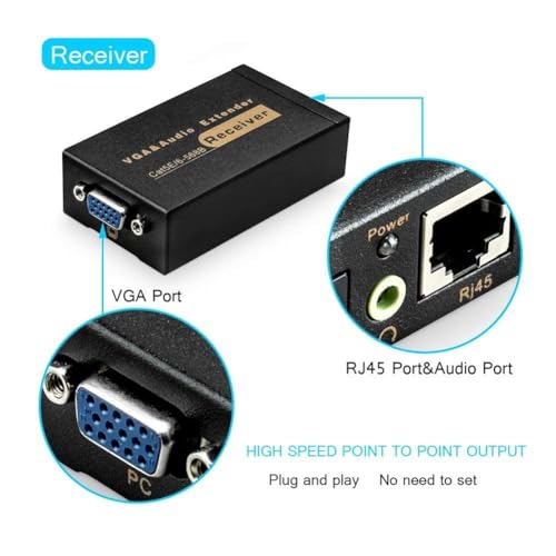 Ruhza VGA Extender Adapter, VGA Video Extenders over Cat5e/6 Ethernet Cable with Audio Support up to 100M (328ft/100m, Sender+Receiver) PACK OF 1 - Image 3