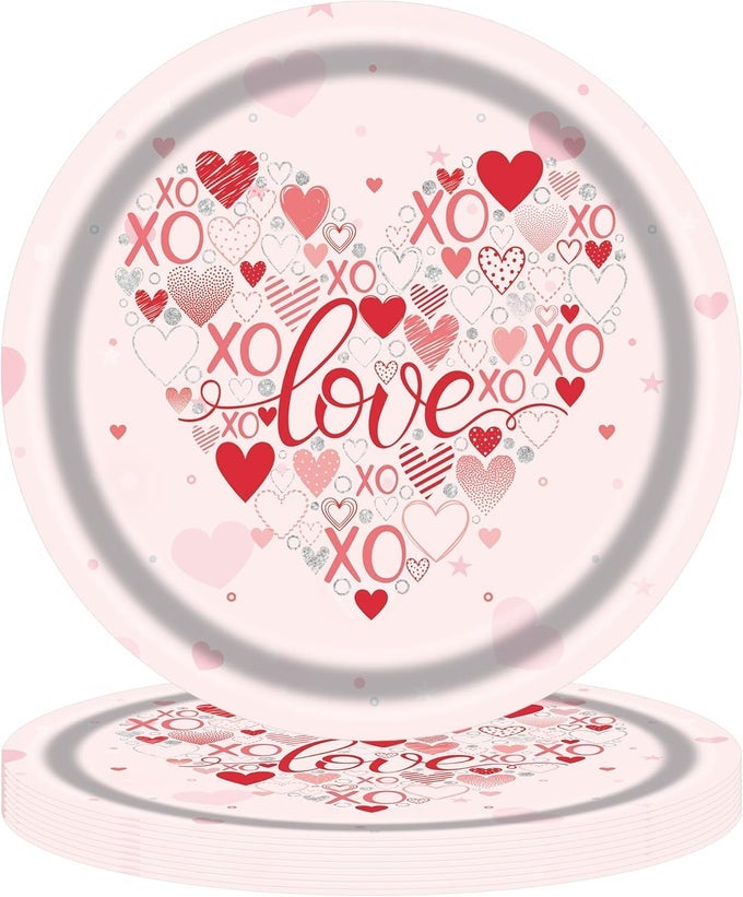 VALENTINES DAY PAPER PLATES LOVELY HEART XO DISPOSABLE PARTY SUPPLIES TABLEWARE SET 16 PCS 7 DESSERT PLATES DINNER PLATES DINNERWARE FOR VALENTINES DAY WEDDINGS ANNIVERSARIES PARTY DECORATION