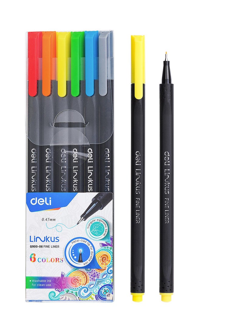 Deli Fineliner Pens 0.45 mm, Washable Ink, Triangular Ergonomic Barrel, Set of 6 Colors - Image 1