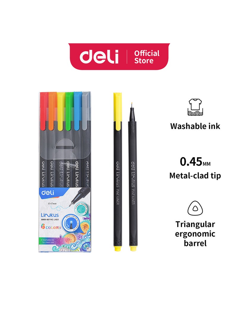 Deli Fineliner Pens 0.45 mm, Washable Ink, Triangular Ergonomic Barrel, Set of 6 Colors - Image 4