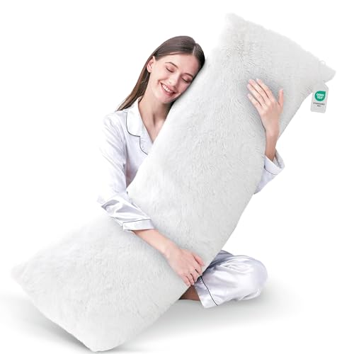 Cheer Collection Long Body Pillow  Soft Fuzzy Long Pillow for Couch and Bed Plush Side Sleeper Pillow Decorative 20x54 Body Pillow with Shaggy Hair Cover  White