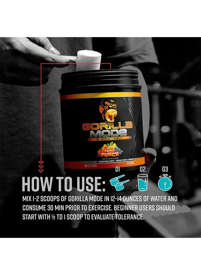 Gorilla Mind - Gorilla Mode Pre Workout - Massive Pumps · Laser Focus · Energy · Power - L-Citrulline, Creatine, L-Tyrosine, Betaine, Hydroprime®, Alpha-GPC, 400mg Caffeine, Huperzine A - 816g (Fruit Punch) - Image 1