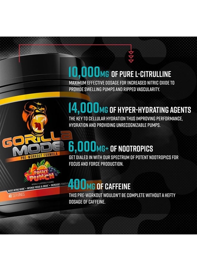 Gorilla Mind - Gorilla Mode Pre Workout - Massive Pumps · Laser Focus · Energy · Power - L-Citrulline, Creatine, L-Tyrosine, Betaine, Hydroprime®, Alpha-GPC, 400mg Caffeine, Huperzine A - 816g (Fruit Punch) - Image 1