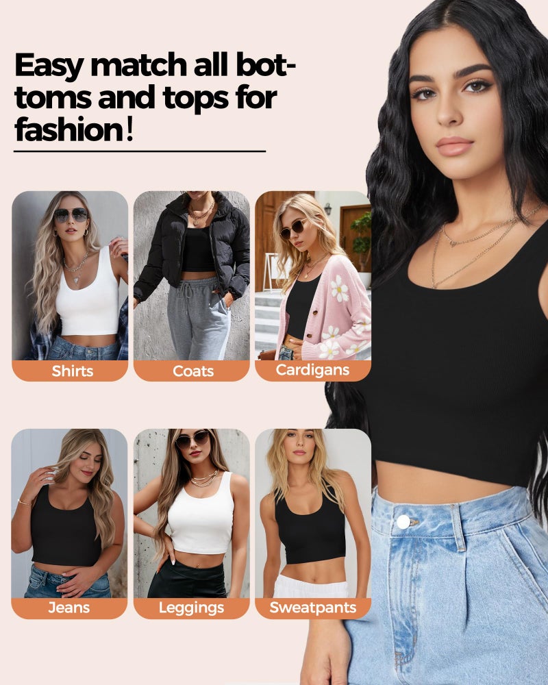 AURUZA 2Pcs Tank Tops for Women, U Neck Sleeveless Crop Tops, Basic Cropped Racerback Going Out Tops Athletic Sports Shirts, L, Black+White - Image 5
