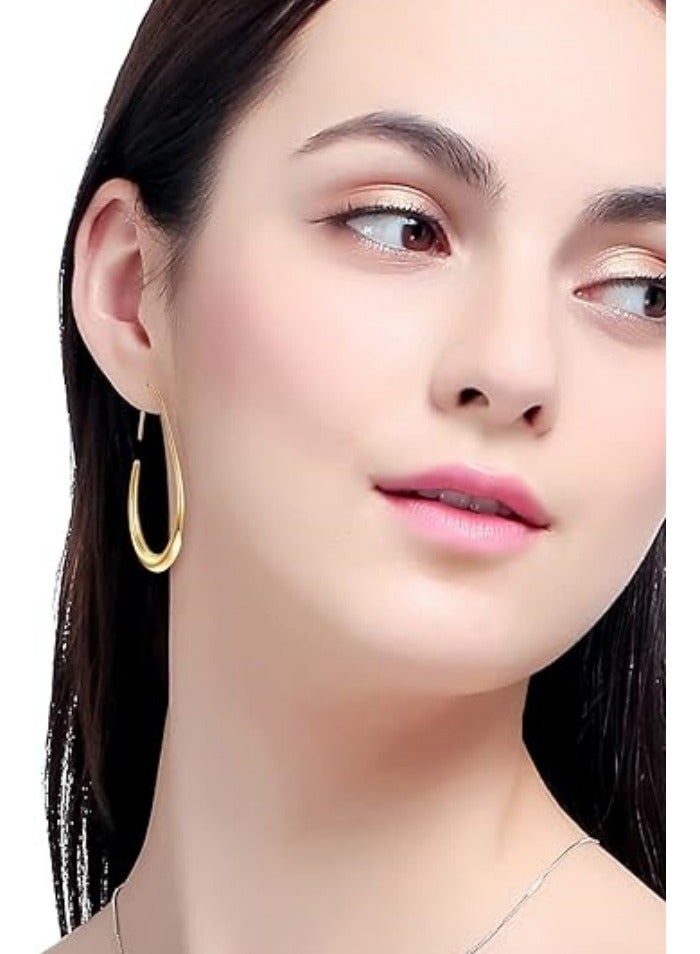 Teardrop Hoop Earrings for Women - Gold Plated Large Oval Pull Through Hoop Earrings High Polished Statement Jewelry Gift for Women - Image 3