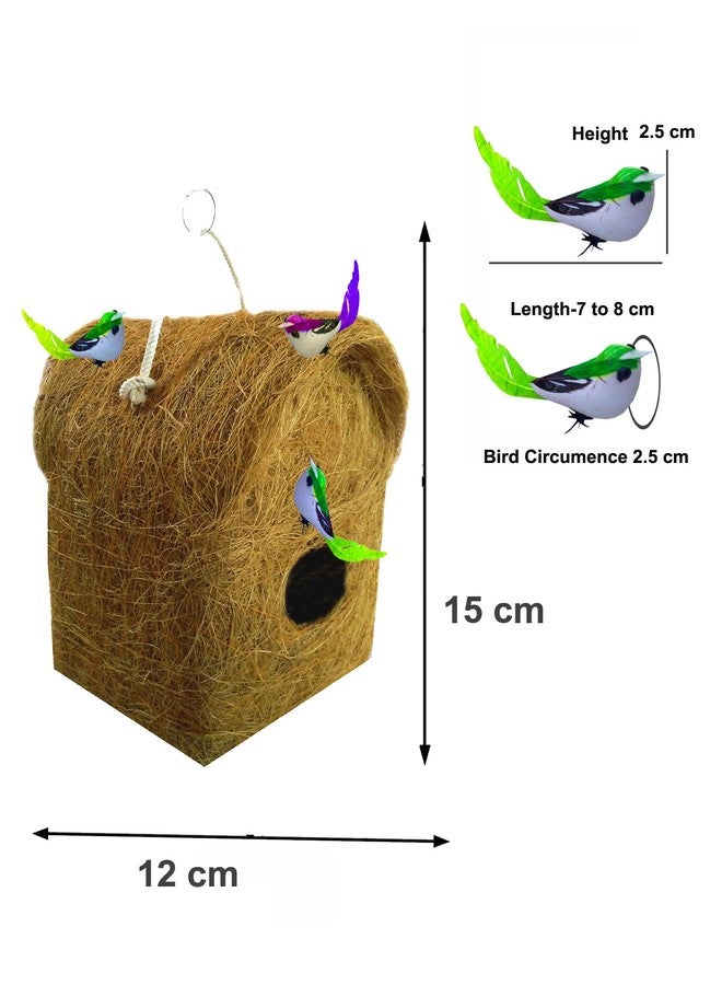 LIVEONCE Bird House with 3 Birds,Material Type -Coir, Color -Brown, Size (L 12 x W 12 X 20 cm),Pack of 1… - Image 3