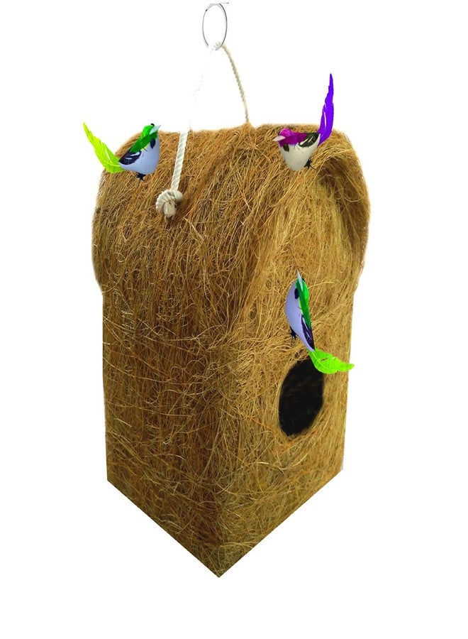LIVEONCE Bird House with 3 Birds,Material Type -Coir, Color -Brown, Size (L 12 x W 12 X 20 cm),Pack of 1… - Image 1
