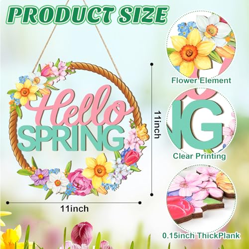 Sophena Wooden Spring Decoration Door Wreath for Front Door Sign Wall Signs, Hollow Flower Wreath Sign Hello Spring Welcome Hanging for Home Wall Decor Party Outdoor indoor Supply Easter Decoration - Image 2