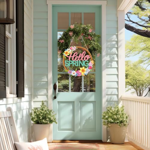 Sophena Wooden Spring Decoration Door Wreath for Front Door Sign Wall Signs, Hollow Flower Wreath Sign Hello Spring Welcome Hanging for Home Wall Decor Party Outdoor indoor Supply Easter Decoration - Image 4