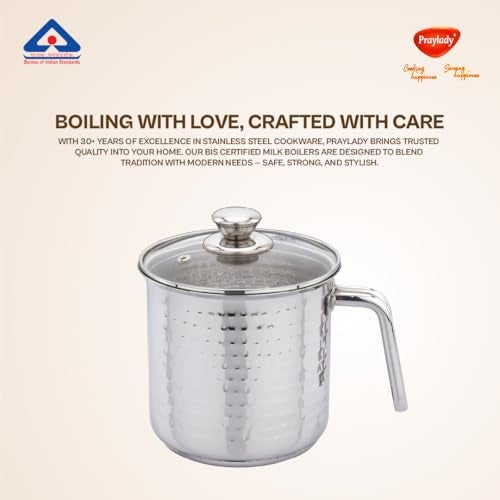 Praylady Stainless Steel Milk Boiler with Glass Lid (Hammered – Premium Textured Finish) | 2.5 LTR | 1mm Thick | Sandwich Bottom | Sleek Handle | BIS Certified | for Milk, Tea & Soup - Image 3