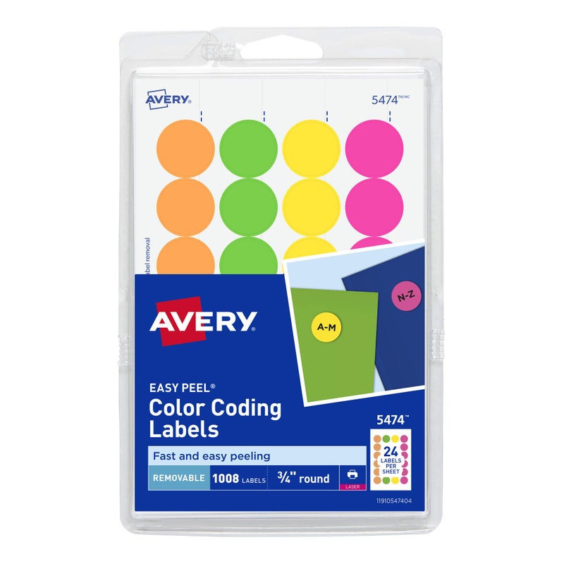 Avery Removable Print or Write Dot Stickers 3/4 Inch, Assorted Colors, Pack of 1008 Round Stickers (5474) - Image 1
