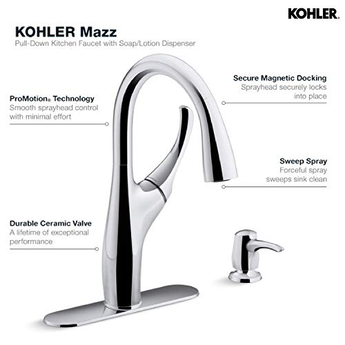 KOHLER Mazz Pull-Down Sprayer Kitchen Faucet, with Multi-Function Spray Head Featuring Sweep Spray and Docking Spray Head Technology, with soap/Lotion Dispenser, Chrome Finish (Silver) - Image 2