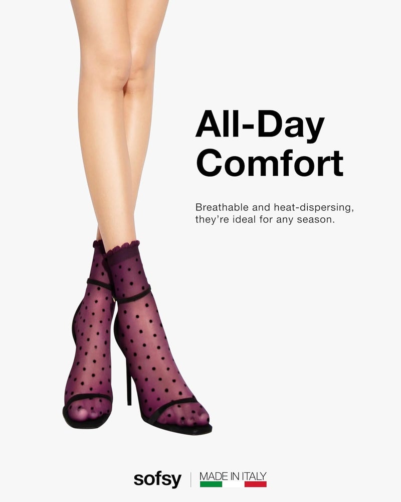 sofsy Italian Dotted Socks Collection (Ankle & Knee High) 20 Den Sheer Patterned Stockings with Ruffled Lace, Geometric Cuffs - Image 4