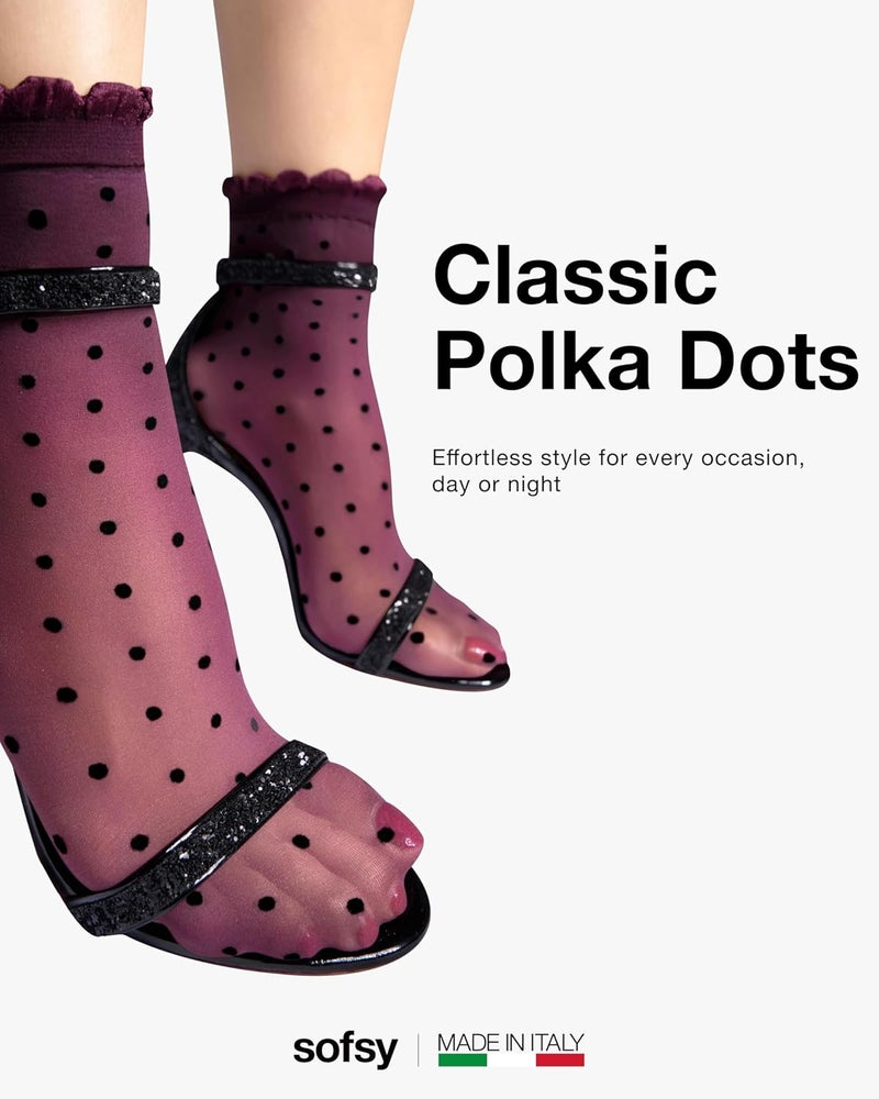 sofsy Italian Dotted Socks Collection (Ankle & Knee High) 20 Den Sheer Patterned Stockings with Ruffled Lace, Geometric Cuffs - Image 3