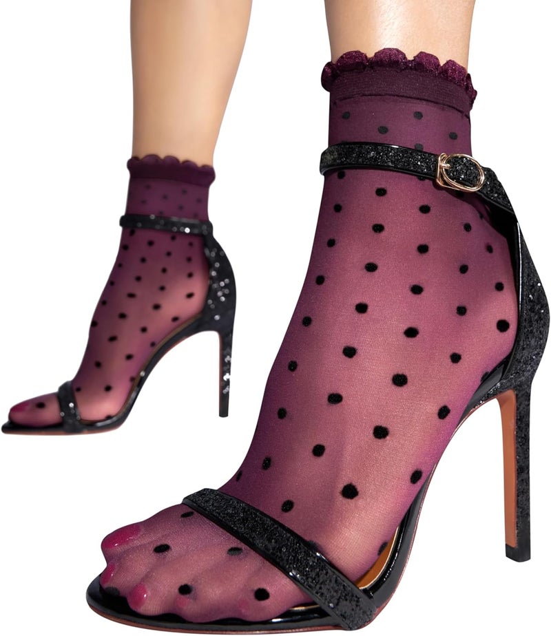 sofsy Italian Dotted Socks Collection (Ankle & Knee High) 20 Den Sheer Patterned Stockings with Ruffled Lace, Geometric Cuffs - Image 1