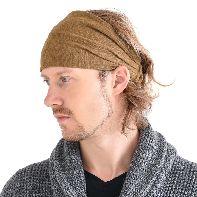 CHARM Womens Linen Head Band Mens Bandana Natural Elastic Hairband Sports Fashion Wrap Camel