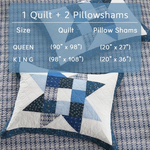 camandy Cotton Quilt Bedding Sets 3 Pieces Soft Reversible Coverlets Luxury Star Real Patchwork Bedspread, Blue White, King Size - Image 5