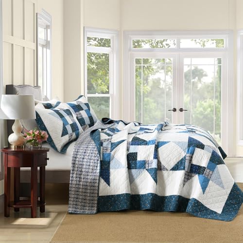 camandy Cotton Quilt Bedding Sets 3 Pieces Soft Reversible Coverlets Luxury Star Real Patchwork Bedspread, Blue White, King Size - Image 2