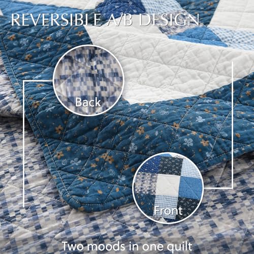 camandy Cotton Quilt Bedding Sets 3 Pieces Soft Reversible Coverlets Luxury Star Real Patchwork Bedspread, Blue White, King Size - Image 4