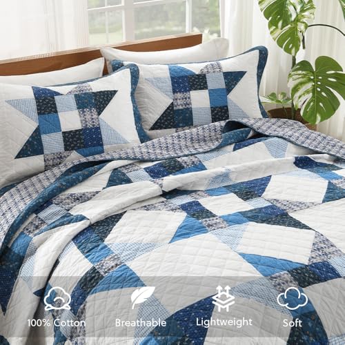 camandy Cotton Quilt Bedding Sets 3 Pieces Soft Reversible Coverlets Luxury Star Real Patchwork Bedspread, Blue White, King Size - Image 3