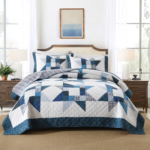 camandy Cotton Quilt Bedding Sets 3 Pieces Soft Reversible Coverlets Luxury Star Real Patchwork Bedspread, Blue White, King Size - Image 1