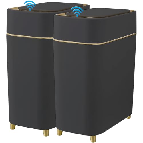 Yatmung 2-Pack - Automatic Trash Cans Touchless Motion Sensor Bathroom Trash Can - Waste Basket for Bedroom, Home Offices, Small Spaces - Compact Smart Garbage Can with Lid - Black with Gold Edge - Image 1