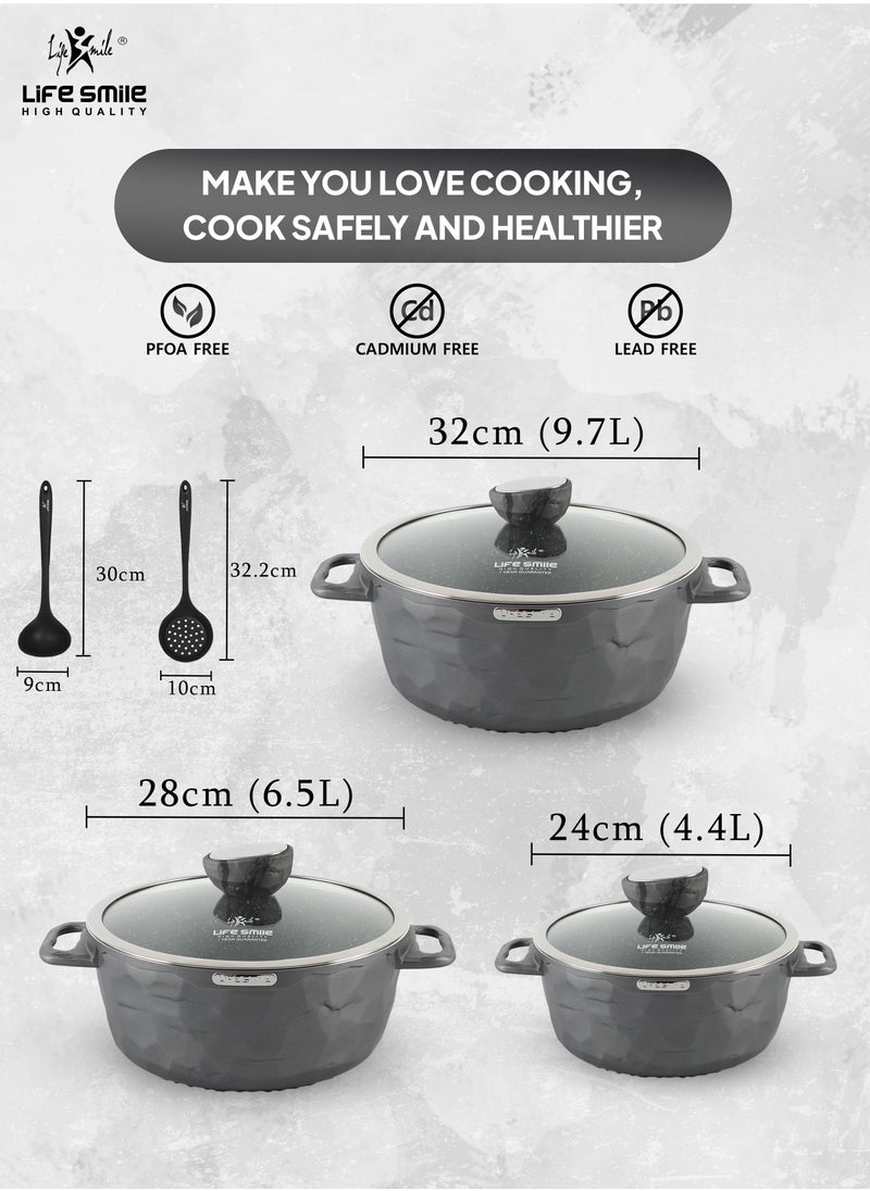 Life Smile - Cookware Set 8Pcs - Cooking set Induction Bottom, Granite Non Stick Coating, Die Cast aluminum 100% PFOA FREE Casserole Set include Casseroles 24/28/32CM And Silicone Utensils (Dark Grey) - Image 1
