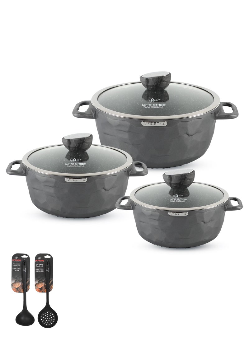Life Smile - Cookware Set 8Pcs - Cooking set Induction Bottom, Granite Non Stick Coating, Die Cast aluminum 100% PFOA FREE Casserole Set include Casseroles 24/28/32CM And Silicone Utensils (Dark Grey) - Image 1