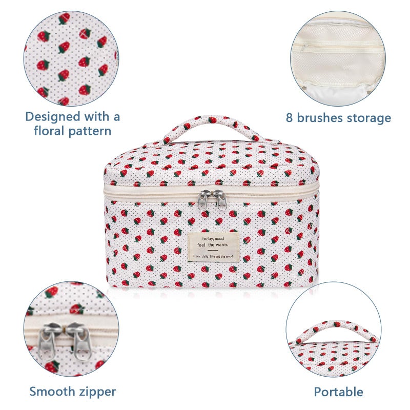 Gosect Large Makeup Bag, Cute Cosmetic Bag for Women Girls, Floral Coquette Aesthetic Toiletry Bag, Travel Make Up Organizer Bag (Strawberry) - Image 4