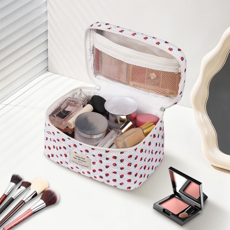 Gosect Large Makeup Bag, Cute Cosmetic Bag for Women Girls, Floral Coquette Aesthetic Toiletry Bag, Travel Make Up Organizer Bag (Strawberry) - Image 3
