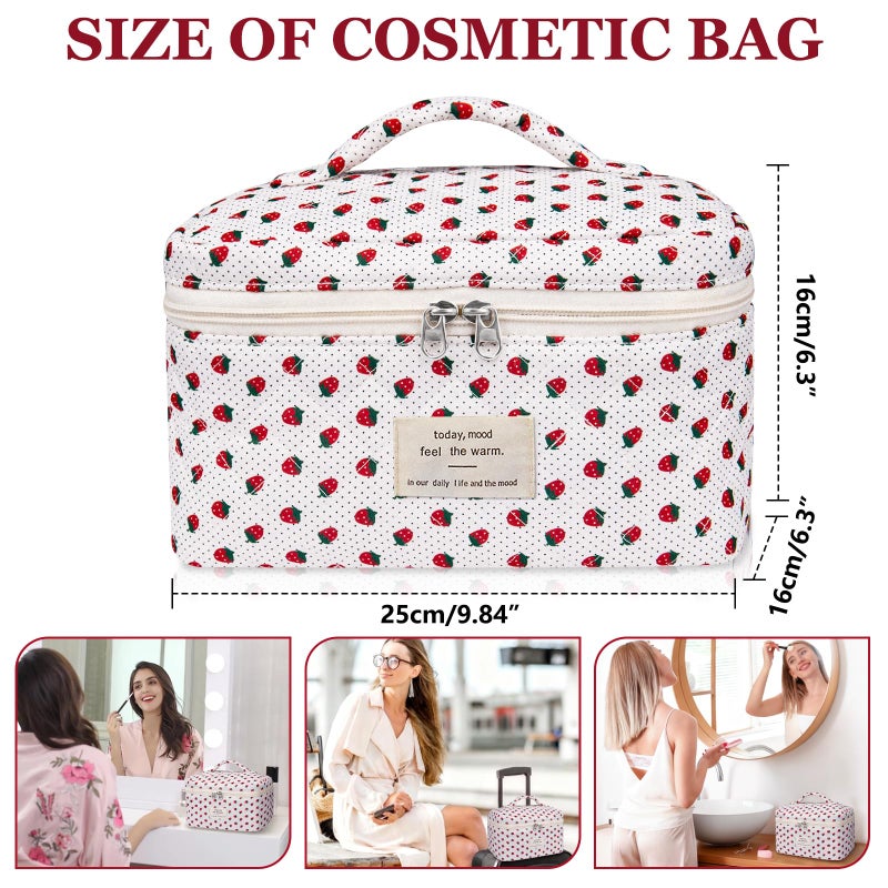 Gosect Large Makeup Bag, Cute Cosmetic Bag for Women Girls, Floral Coquette Aesthetic Toiletry Bag, Travel Make Up Organizer Bag (Strawberry) - Image 2